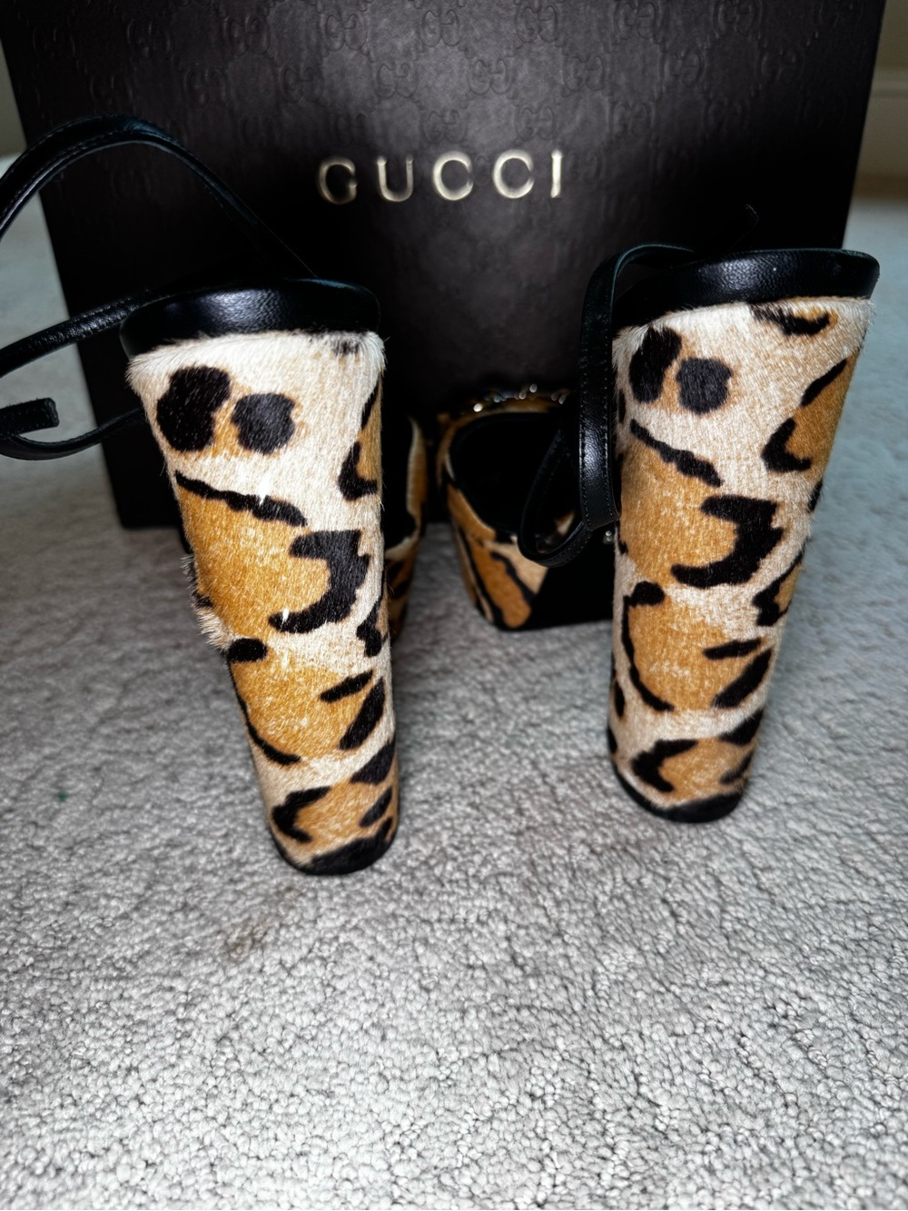 Gucci Leopard Platform Peep-Toe Heels With Gold Hardware Accent & Strap - Picture 7 of 9